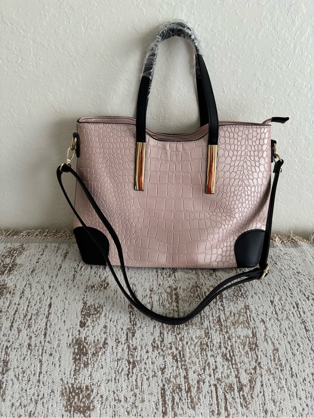 Structured Croc-Texture Tote Bag in Blush Pink with Black Accents